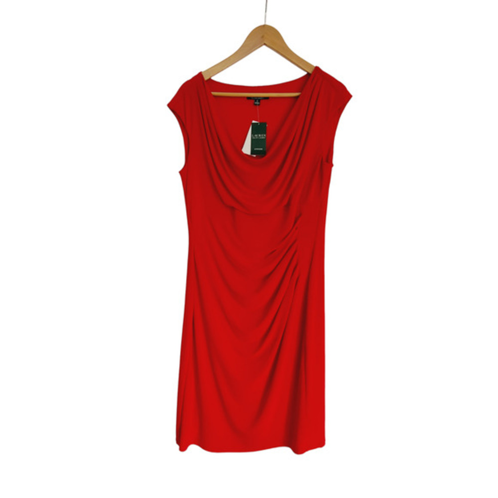 Lauren Ralph Lauren Red Cowl Neck Ruched Sheath Dress Size 14 Essentials - Picture 3 of 5